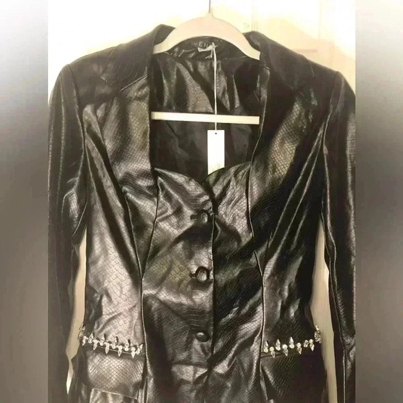 Chic Black Leather Jacket.
Snake Embossed Faux Leather Embellished Blazer - Picture 9 of 17